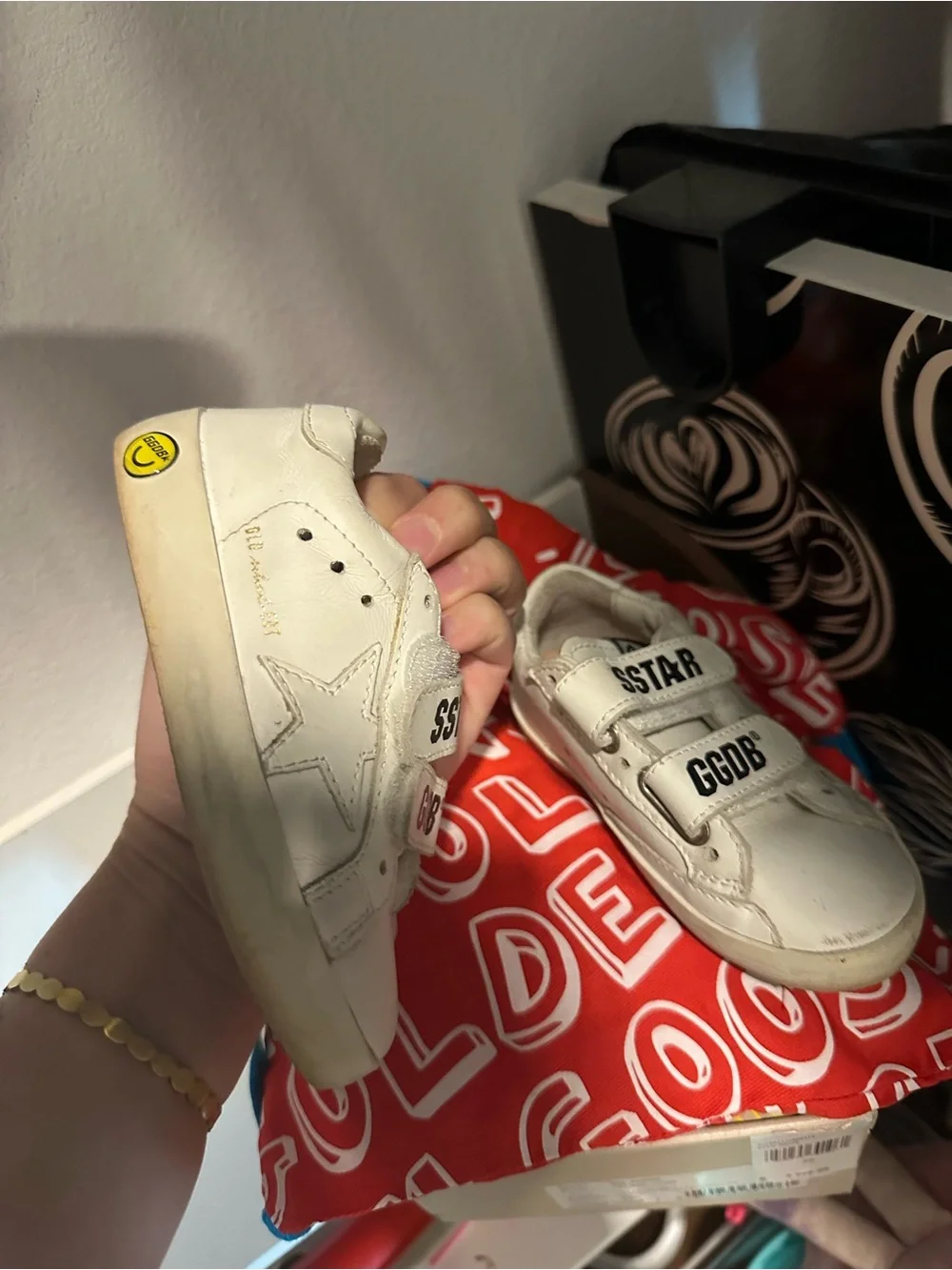 Golden Goose Kids White Velcro Sneakers with Black Logo Accents